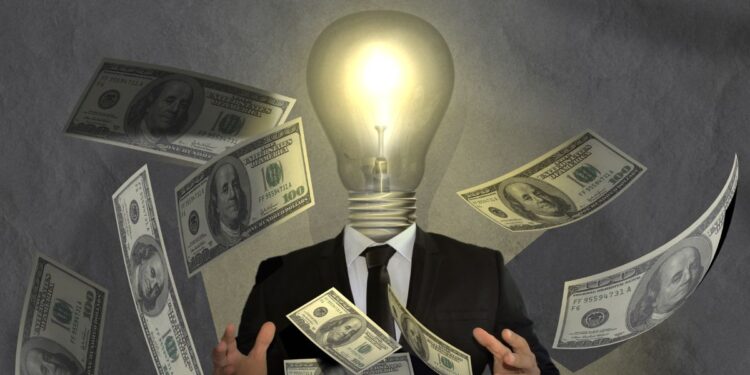 Ideja koja se javlja za posao na internetu, novac koji leti u oblaku