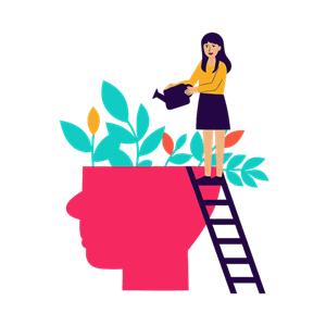 Lični razvoj i motivacija — ilustracija žene koja zaliva biljke rasta