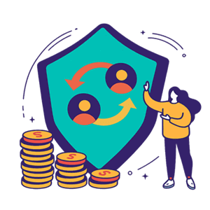 Ilustracija žene pored zaštitnog štita i novčića — simbol online zarade i sigurnog posla
