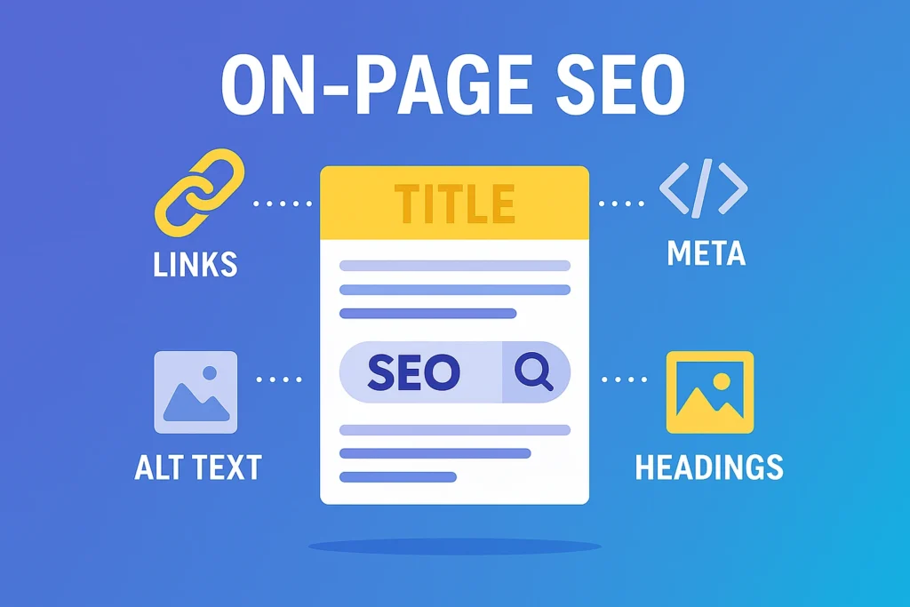 On-page SEO ilustracija – naslovi, meta opis, linkovi, alt tekst i ključne reči