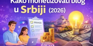 Kako monetizovati blog u Srbiji 2026 – vizuelni prikaz monetizacije bloga kroz sadržaj, strategiju i prihod