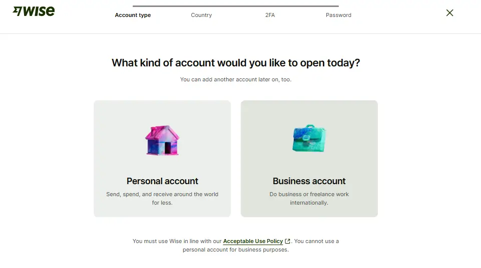 Wise ekran za izbor između personal account i business account pri otvaranju naloga