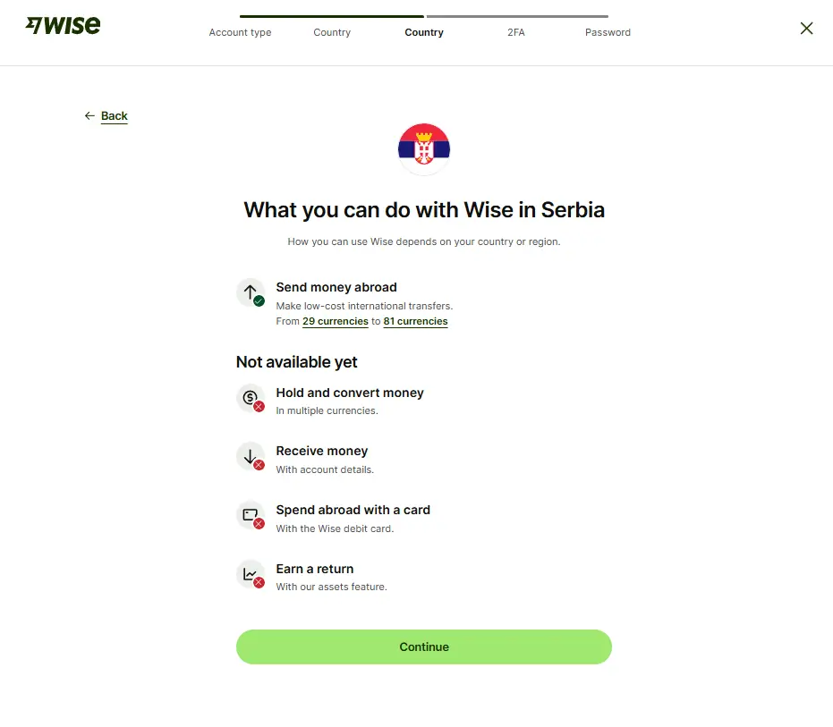 Wise prikaz dostupnih funkcija za korisnike iz Srbije: slanje novca dostupno, primanje novca, držanje stanja i kartica nisu dostupni