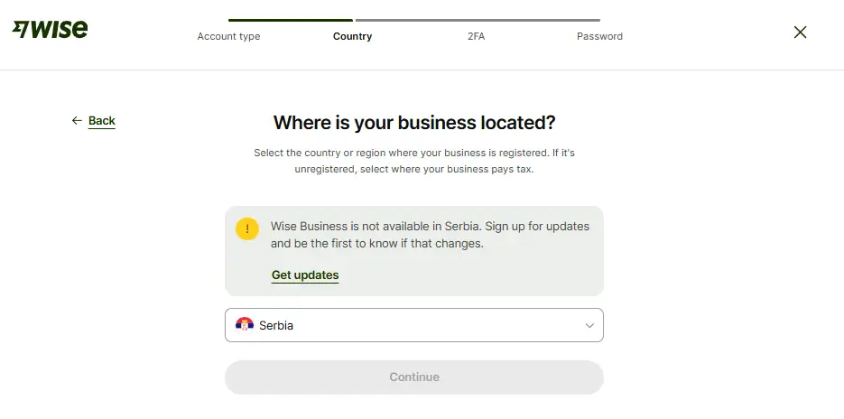 Wise Business registracija za Srbiju sa porukom da Wise Business nije dostupan u Srbiji